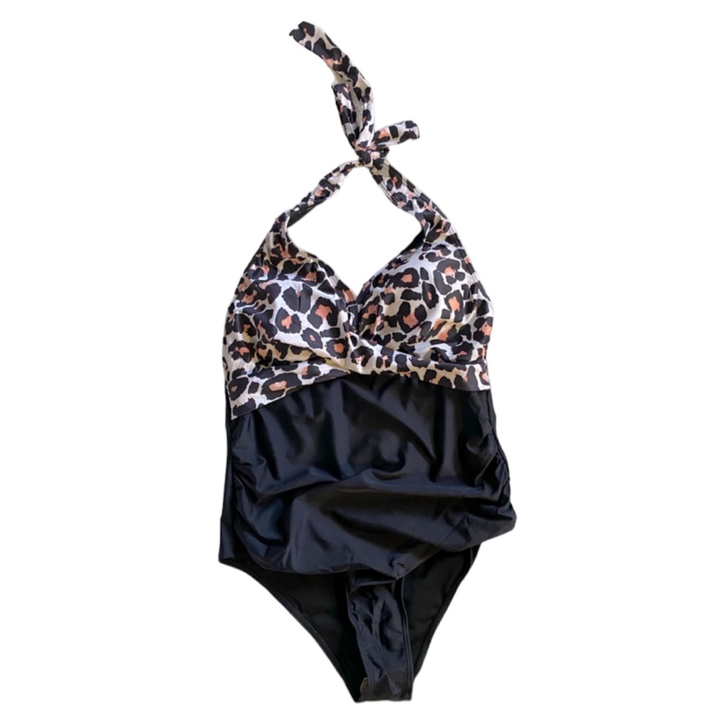 Halter style one piece animal print high cut swimsuit ruched tummy swimwear NWT